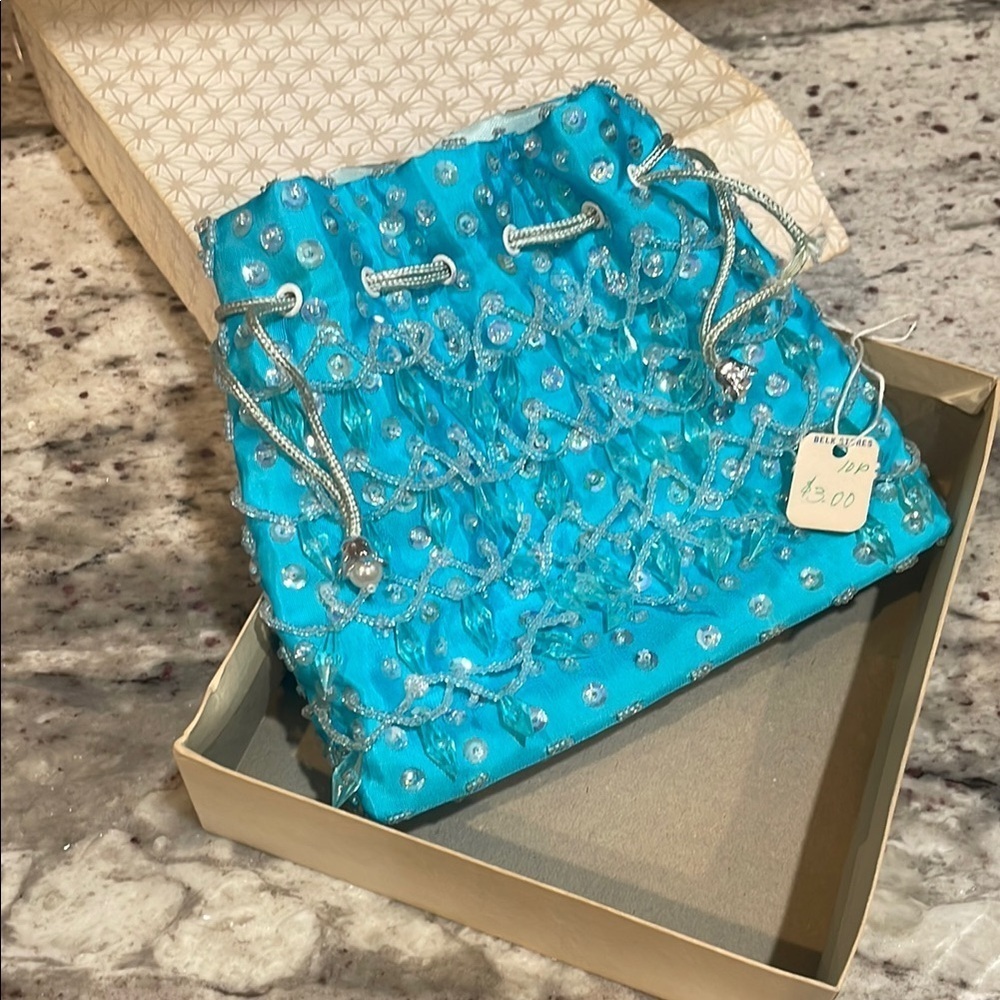 Blue Beaded Drawstring Bag by Le Regale